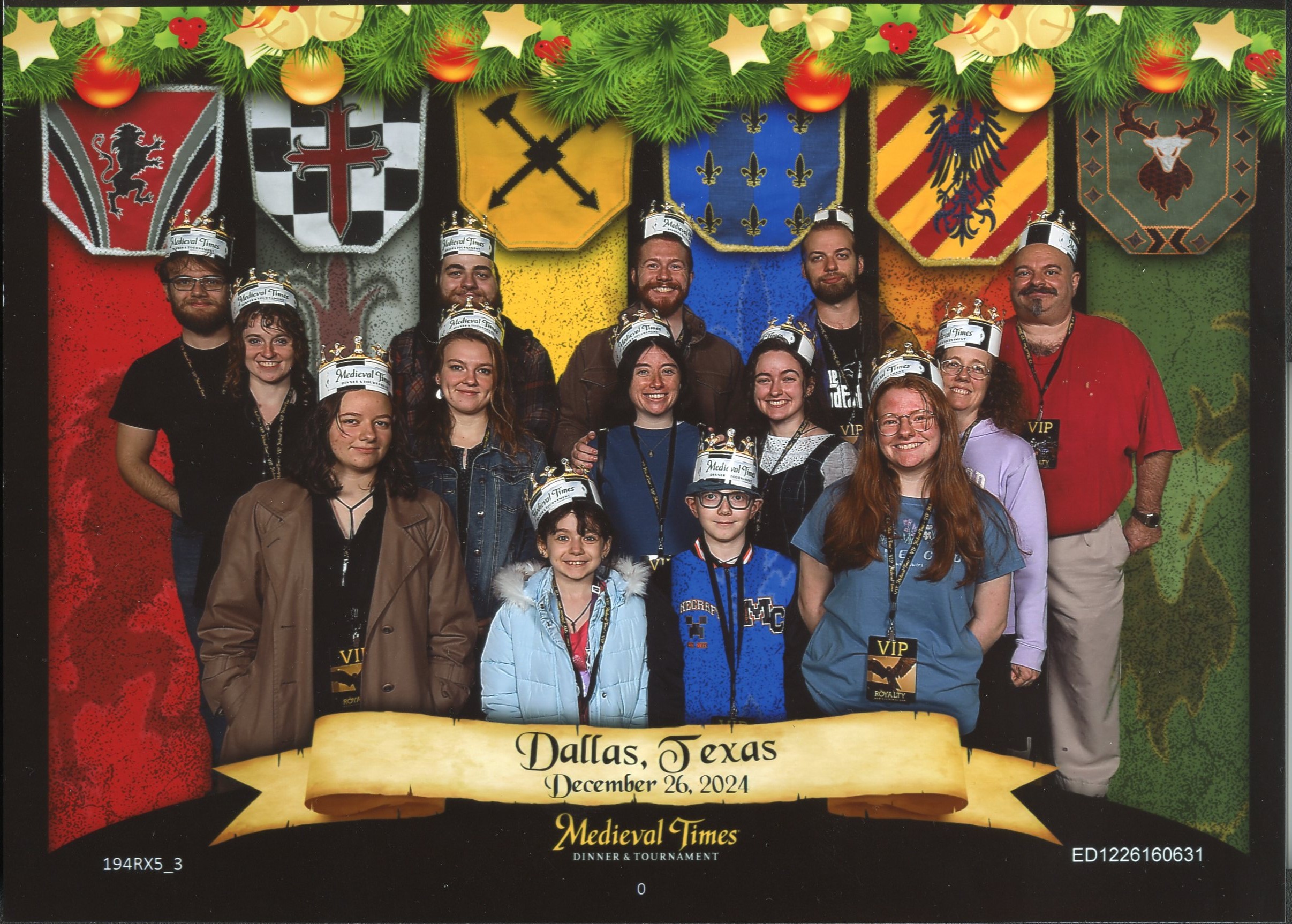 Medieval Times Stained Glass Windows Background. Cross, Nunzio, Michael, Joseph, JustinLillian, Irene, Rose, Jacinta, Jen, Bernadette, Cecilia, Becket, Caterina 'Dallas, Texas December 26, 2024'